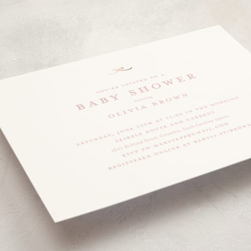 This is a blush foil stamped baby shower invitations with foil pressed by Buddy Creative called tiny bow printing on signature in standard