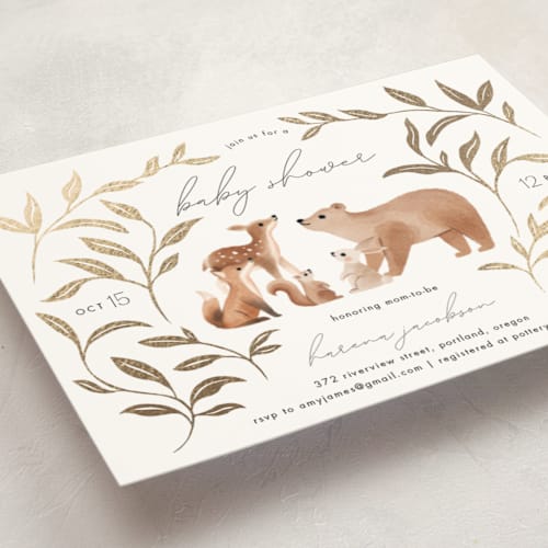 This is a wood foil stamped baby shower invitations with foil pressed by Vivian Yiwing called welcome party printing on signature in standard