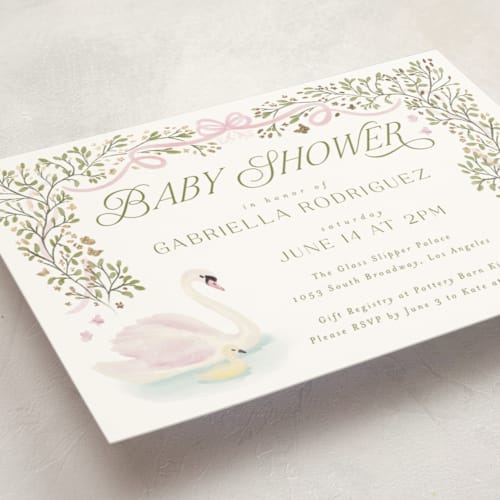 This is a ballet slipper foil stamped baby shower invitations with foil pressed by Jenna Holcomb called swan princess printing on signature in standard