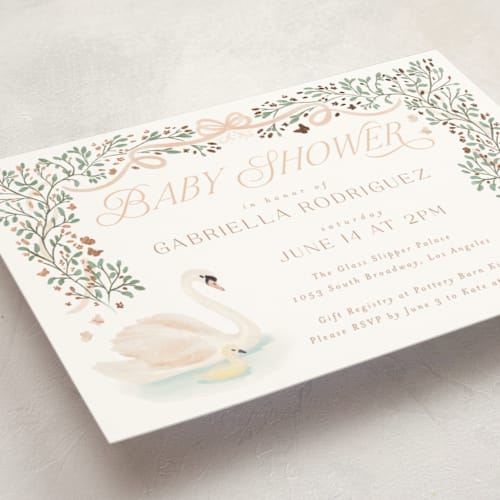 This is a apricot foil stamped baby shower invitations with foil pressed by Jenna Holcomb called swan princess printing on signature in standard