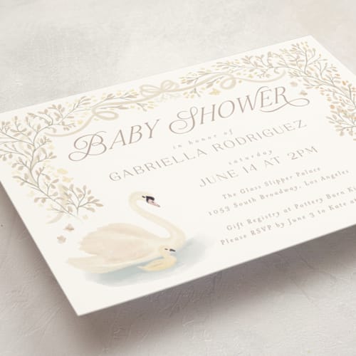 This is a vanilla foil stamped baby shower invitations with foil pressed by Jenna Holcomb called swan princess printing on signature in standard