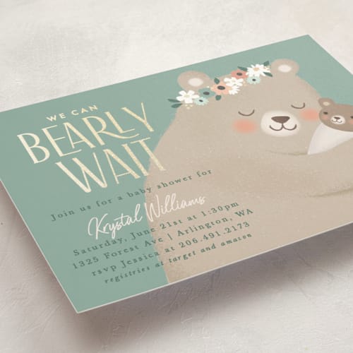 This is a pond foil stamped baby shower invitations with foil pressed by Karidy Walker called mama bear hug printing on signature in standard