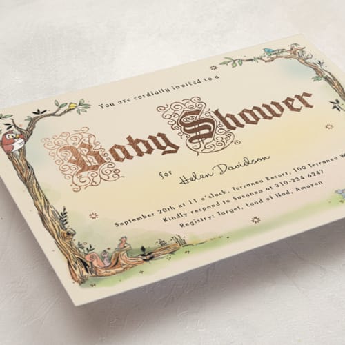 This is a peach foil stamped baby shower invitations with foil pressed by Becky Nimoy called medieval letters fairytale printing on signature in standard