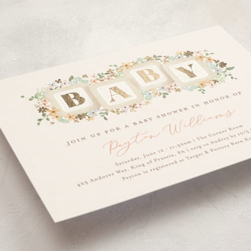 This is a honey foil stamped baby shower invitations with foil pressed by Jennifer Wick called petite baby blocks printing on signature in standard