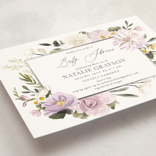 This is a lavender foil stamped baby shower invitations with foil pressed by Susan Moyal called floral wisp printing on signature in standard
