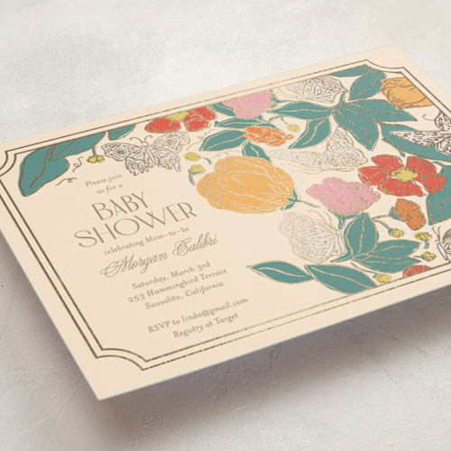 This is a ivory foil stamped baby shower invitations with foil pressed by Simona Camp called gilded butterfly garden printing on signature in standard