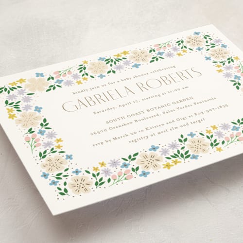 This is a spring foil stamped baby shower invitations with foil pressed by Ashlee Townsend called garden party printing on signature in standard