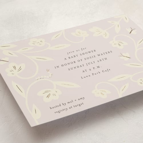 This is a petal foil stamped baby shower invitations with foil pressed by Ani Somi called butterfly garden printing on signature in standard