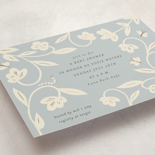 This is a sky foil stamped baby shower invitations with foil pressed by Ani Somi called butterfly garden printing on signature in standard