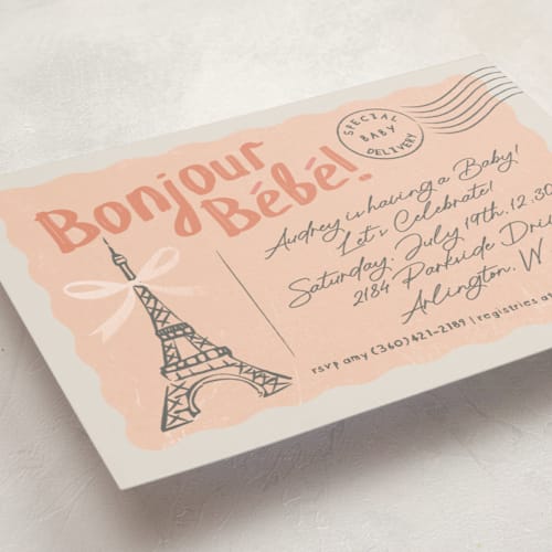 This is a peach foil stamped baby shower invitations with foil pressed by Karidy Walker called paris postcard printing on signature in standard
