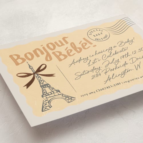This is a daffodil foil stamped baby shower invitations with foil pressed by Karidy Walker called paris postcard printing on signature in standard