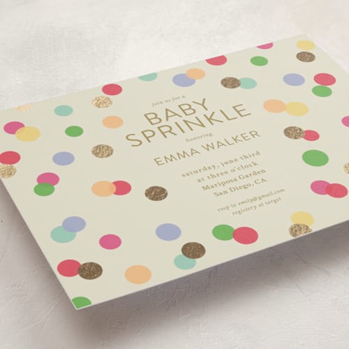 This is a color pop foil stamped baby shower invitations with foil pressed by Stephanie Heinrich Godbout called colorful baby sprinkle printing on signature in standard