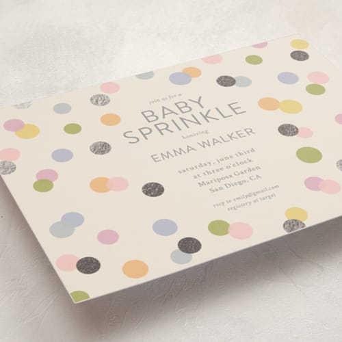This is a pastel foil stamped baby shower invitations with foil pressed by Stephanie Heinrich Godbout called colorful baby sprinkle printing on signature in standard