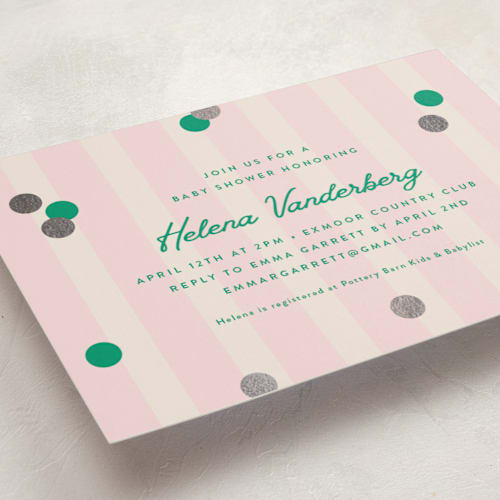 This is a peony foil stamped baby shower invitations with foil pressed by Olivia Raufman called preppy confetti printing on signature in standard