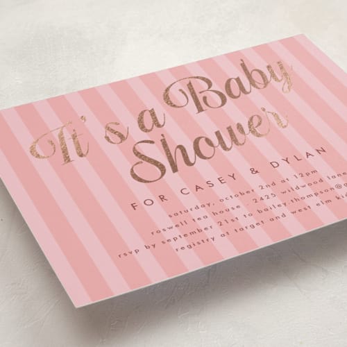 This is a strawberry milkshake foil stamped baby shower invitations with foil pressed by Morgan Kendall called soda shoppe printing on signature in standard