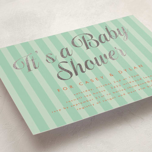 This is a peppermint patty foil stamped baby shower invitations with foil pressed by Morgan Kendall called soda shoppe printing on signature in standard