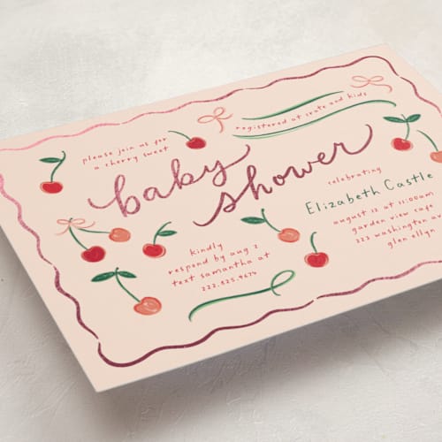 This is a cherry pie foil stamped baby shower invitations with foil pressed by Erin German called cherry sweet printing on signature in standard
