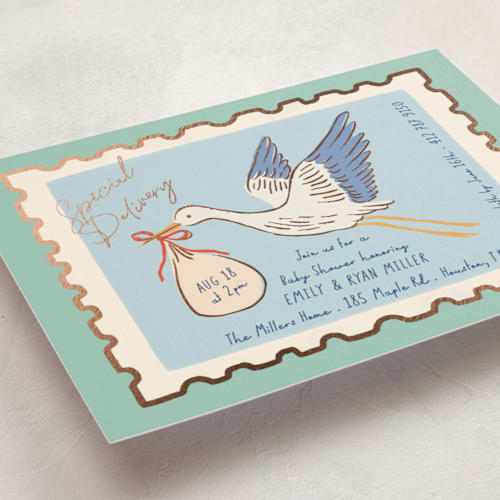 This is a seafoam foil stamped baby shower invitations with foil pressed by Elly called stamp printing on signature in standard