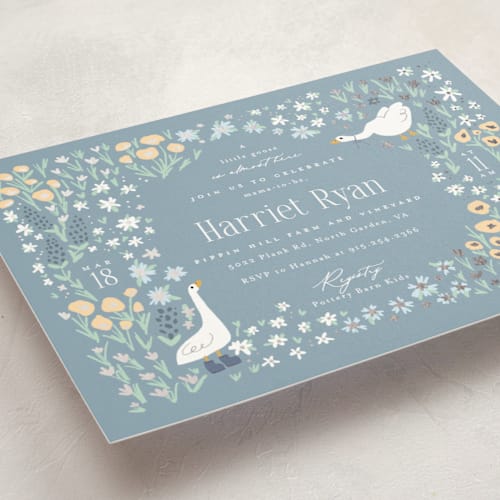 This is a bluebell foil stamped baby shower invitations with foil pressed by Hudson meet Rose called little goose printing on signature in standard