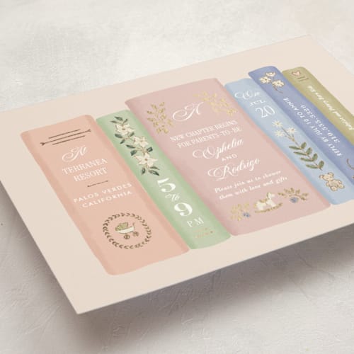 This is a sprinkles foil stamped baby shower invitations with foil pressed by Leah Bisch called a new chapter printing on signature in standard