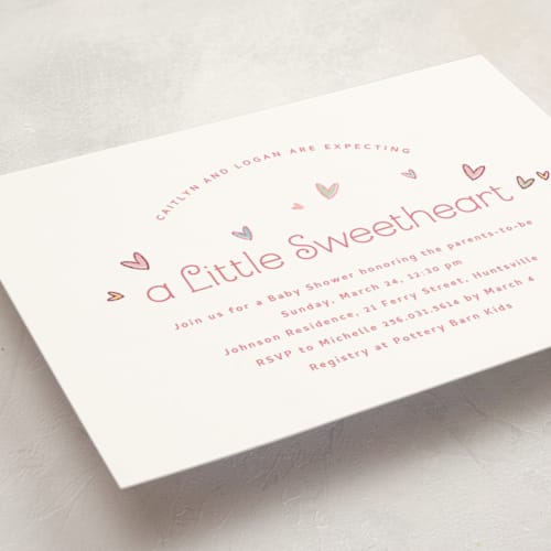 This is a candy foil stamped baby shower invitations with foil pressed by letterfix called little sweetheart printing on signature in standard