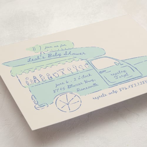 This is a pond baby shower invitations with standard by Gwen Bedat called milk truck printing on signature in standard