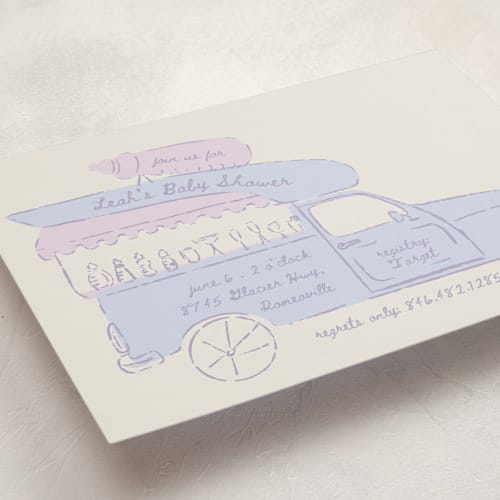 This is a lilac baby shower invitations with standard by Gwen Bedat called milk truck printing on signature in standard