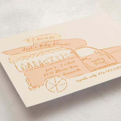 This is a apricot baby shower invitations with standard by Gwen Bedat called milk truck printing on signature in standard