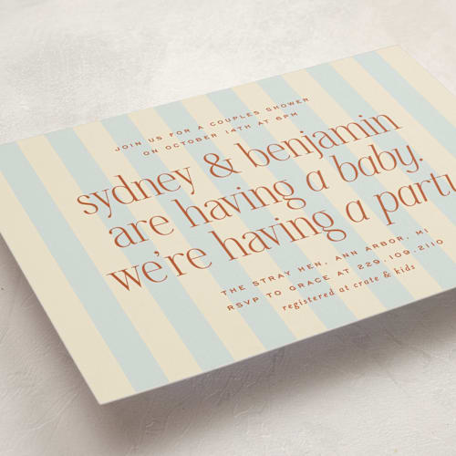 This is a powder blue baby shower invitations with standard by Ellen Schlegelmilch called we're having a party printing on signature in standard