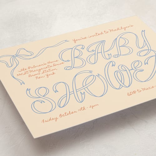 This is a citrus sky baby shower invitations with standard by Zove Ahhh called ribbon of joy printing on signature in standard
