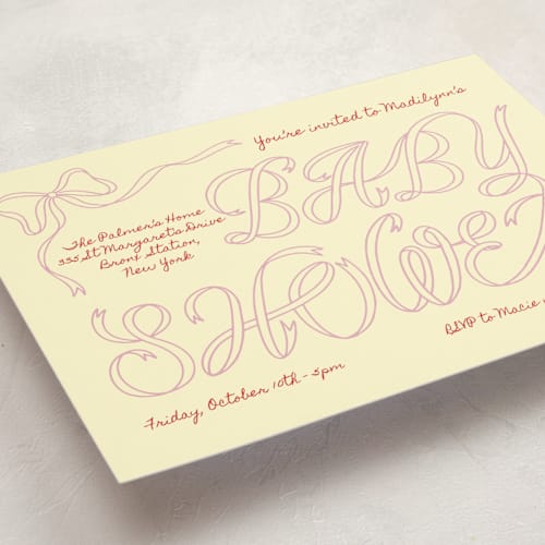 This is a rose sorbet baby shower invitations with standard by Zove Ahhh called ribbon of joy printing on signature in standard
