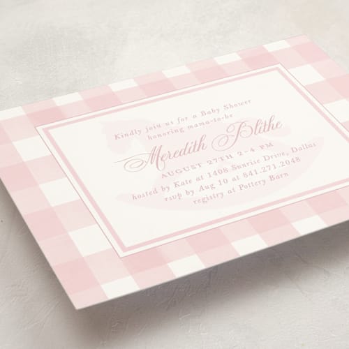 This is a petal baby shower invitations with standard by Melinda Denison called classic gingham printing on signature in standard