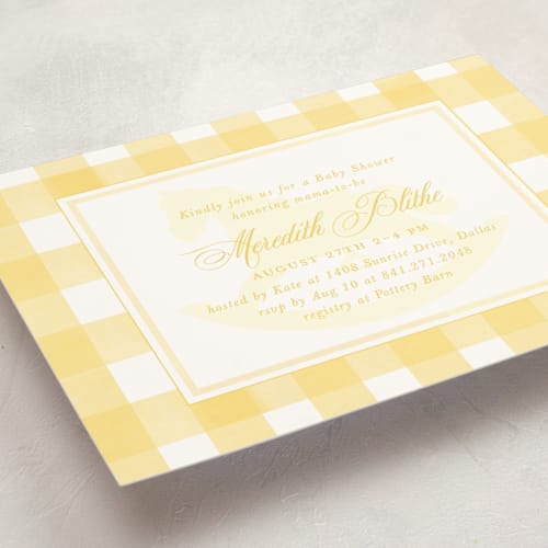 This is a buttercup baby shower invitations with standard by Melinda Denison called classic gingham printing on signature in standard