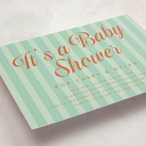 This is a peppermint patty baby shower invitations with standard by Morgan Kendall called soda shoppe printing on signature in standard