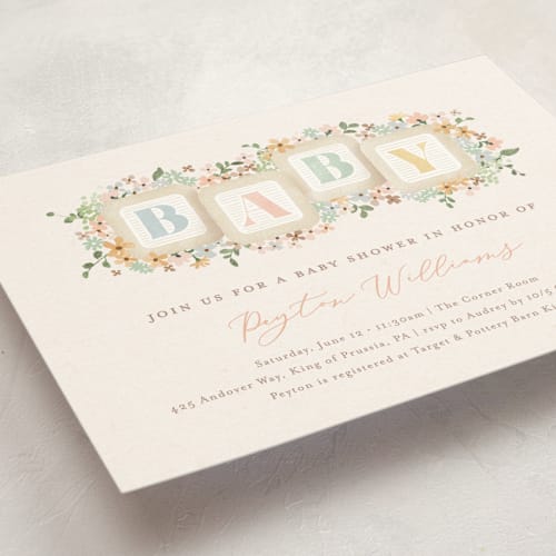 This is a honey baby shower invitations with standard by Jennifer Wick called petite baby blocks printing on signature in standard