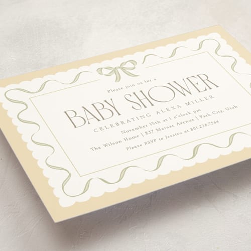 This is a lemon baby shower invitations with standard by Robert and Stella called ribbon toss printing on signature in standard