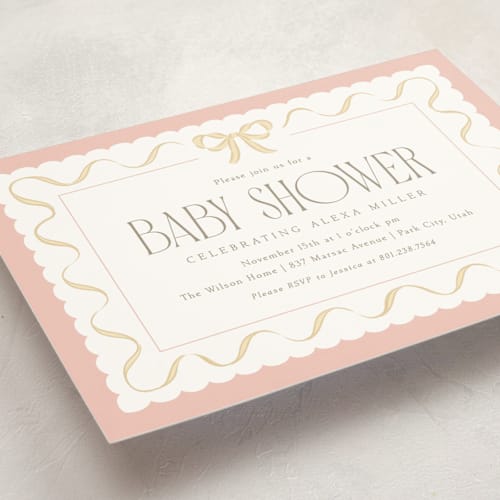 This is a blush baby shower invitations with standard by Robert and Stella called ribbon toss printing on signature in standard