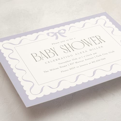 This is a lavender baby shower invitations with standard by Robert and Stella called ribbon toss printing on signature in standard