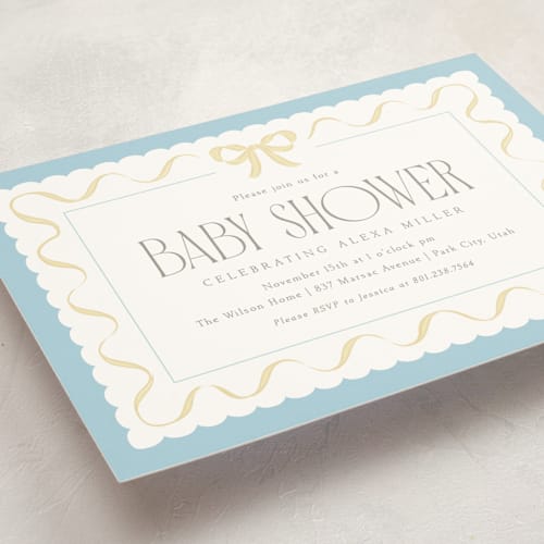 This is a sky baby shower invitations with standard by Robert and Stella called ribbon toss printing on signature in standard