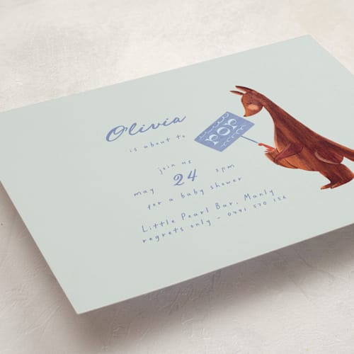 This is a pond baby shower invitations with standard by Gwen Bedat called kangaroo pop printing on signature in standard