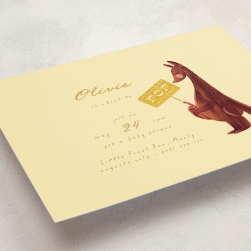 This is a honey baby shower invitations with standard by Gwen Bedat called kangaroo pop printing on signature in standard