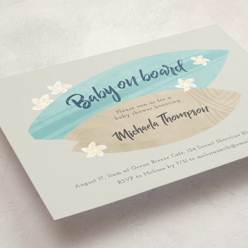 This is a pebble baby shower invitations with standard by Adelyn T. called surf baby printing on signature in standard