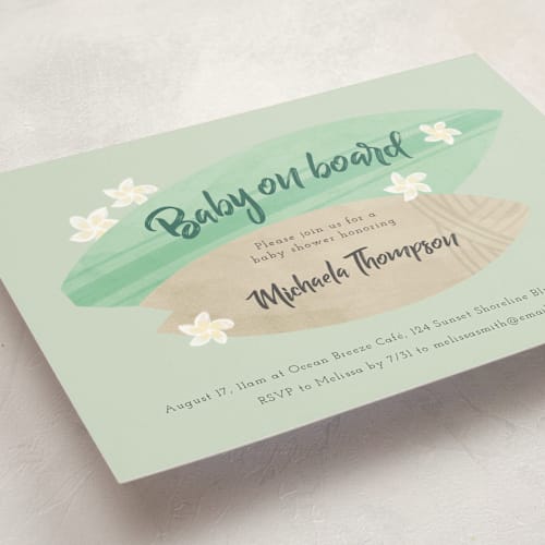 This is a mint baby shower invitations with standard by Adelyn T. called surf baby printing on signature in standard