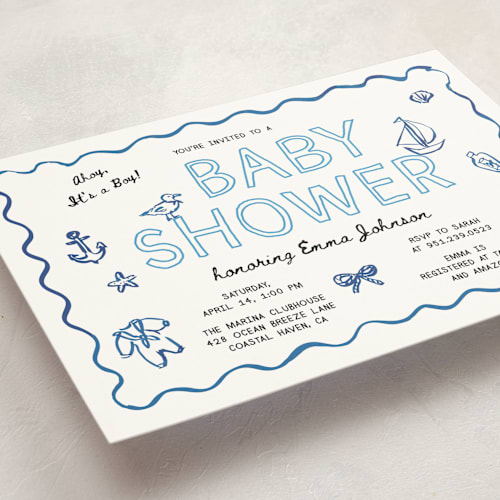 This is a denim baby shower invitations with standard by Cass Loh called nautical doodles printing on signature in standard