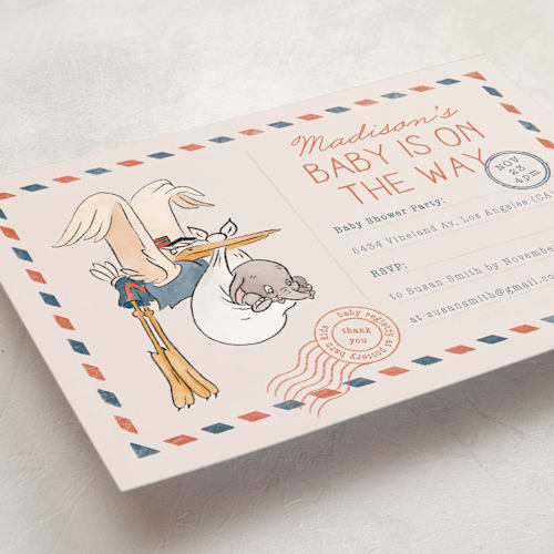 This is a navy baby shower invitations with standard by Claudia Orengo called disney's dumbo stork baby on the way printing on signature in standard