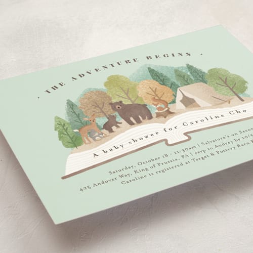 This is a mint baby shower invitations with standard by Jennifer Wick called woodland adventure printing on signature in standard