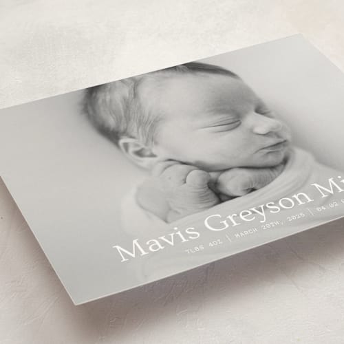 This is a snow birth announcements with standard by Emmeline Bramble called simple in serif printing on signature in standard