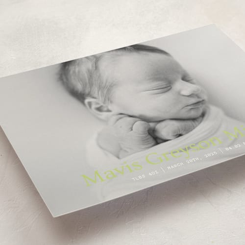 This is a lemongrass birth announcements with standard by Bramble Studio called simple in serif printing on signature in standard