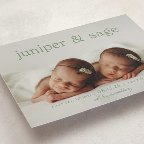 This is a moss birth announcements with standard by Brittany Braithwaite called sweet nostalgia printing on signature in standard