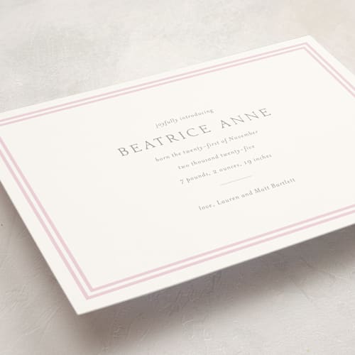 This is a ballet slipper birth announcements with standard by Megan Davis called frolic printing on signature in standard
